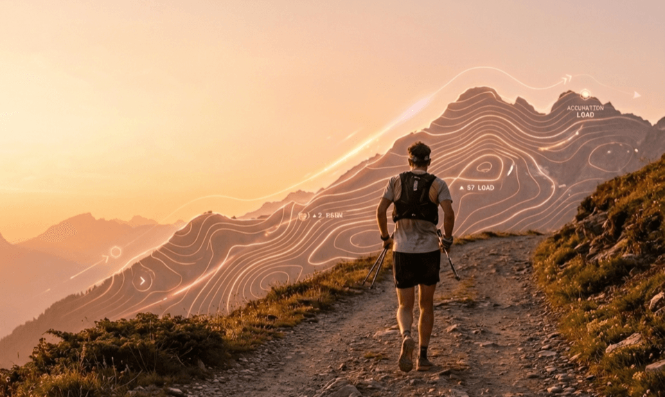 Trail runner walking on a mountain path at sunrise, recovering after a hard effort
