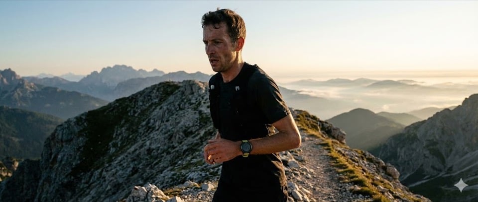 Ultra runner on a mountain trail at sunrise, representing training load management