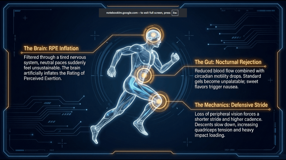 Infographic: night raises RPE, lowers food tolerance, and forces more conservative running mechanics