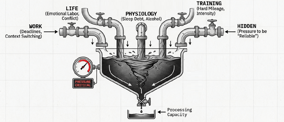 Diagram showing multiple stress inputs from life, work, physiology, training, and hidden sources all funneling into a single processing capacity gauge
