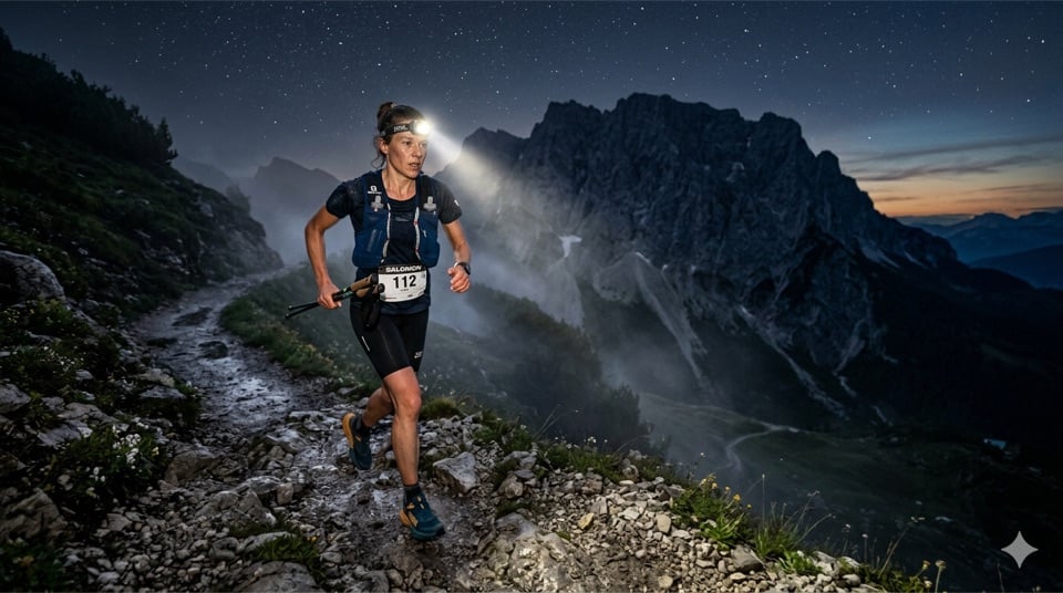 Blick auf die ZUT-Strecke in der Nähe der Gamsalm bei Morgengrauen, Nebel in den Tälern, sichtbarer Pfad auf dem Grat